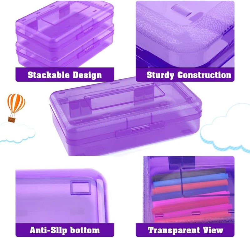 BOEIAC Pencil Box, Large Capacity Clear Pencil Case, 1 Pack Hard Pencil Case, Clear Crayon Box with Snap-tight Lid Stackable Design, Plastic Storage Box for Office Supplies, Purple - Image 4